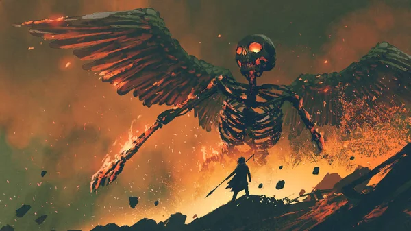 Man His Spear Waking Giant Skeleton Hell Digital Art Style — Stock Photo, Image