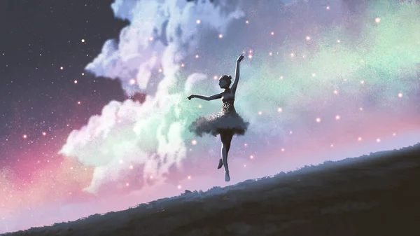 Ballerina Che Balla Con Lucciole Sulla Collina Contro Cielo Notturno — Foto Stock