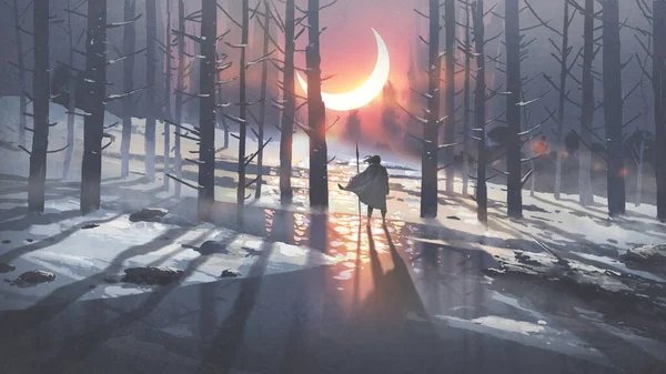 冬の森の男が輝く月の紋章デジタルアートスタイルイラスト絵画 — ストック写真