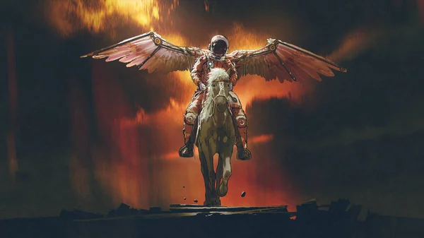 Sci Concept Astronaut Wings Riding Horse Dark Background Digital Art — Stock Photo, Image