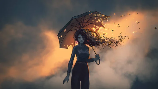 Mystisk Kvinna Håller Brinnande Paraply Stående Mot Solnedgång Himmel Bakgrund — Stockfoto