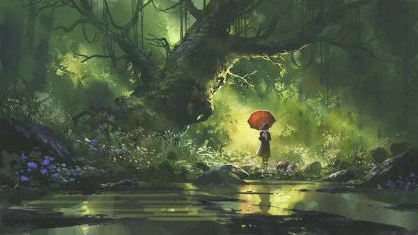 Geheimnisvolle Frau Mit Regenschirm Die Wald Steht Digitale Kunst Illustrationsmalerei — Stockfoto