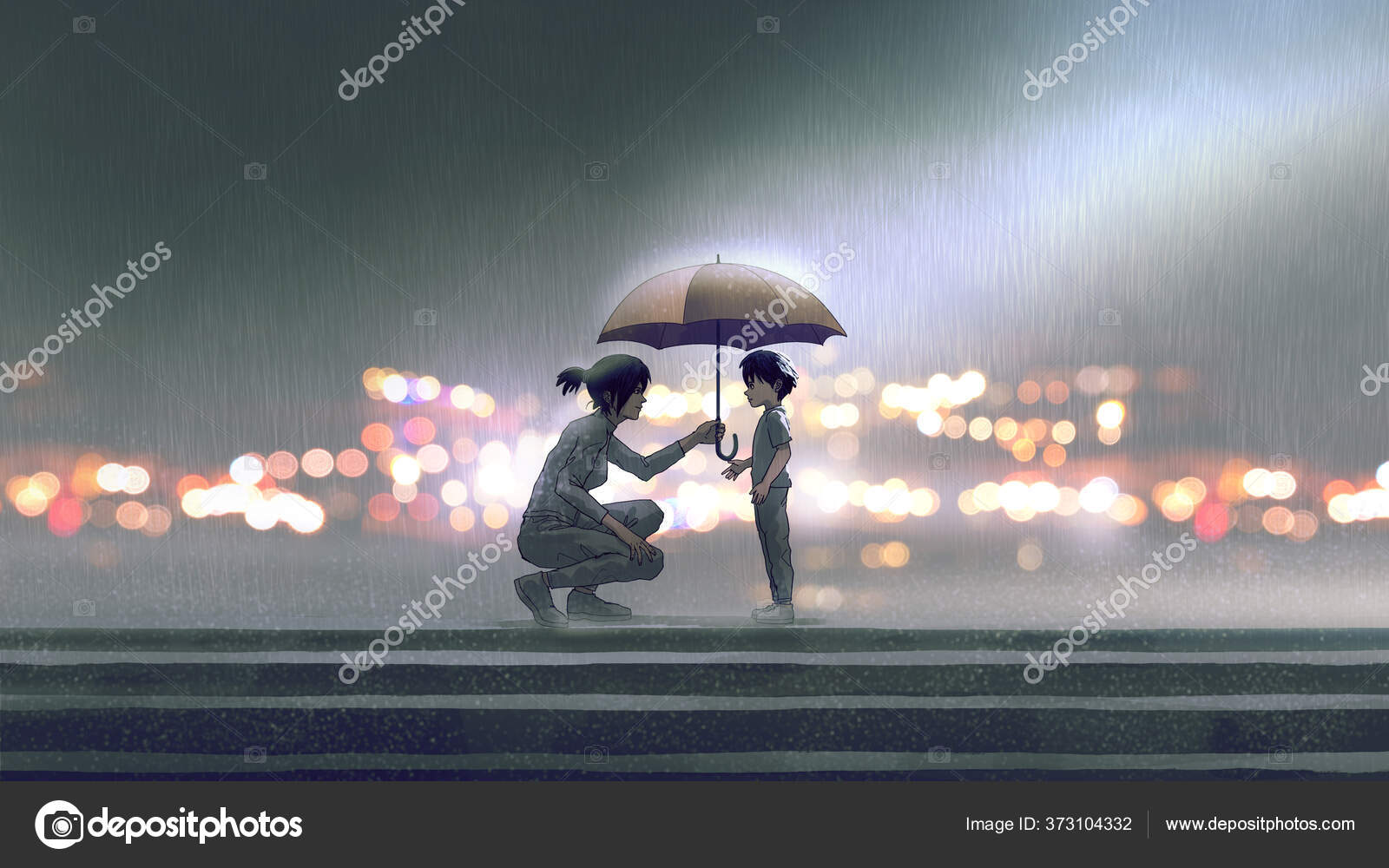 Woman Gives Umbrella Boy Rain Digital Art Style Illustration