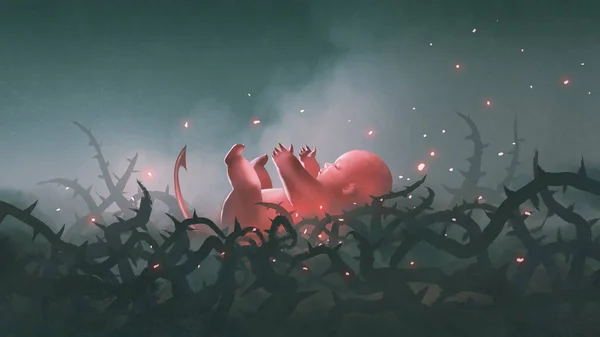 Рыжий Новорожденный Лежащий Колючих Ветвях Стиль Цифрового Искусства Иллюстрированная Живопись — стоковое фото