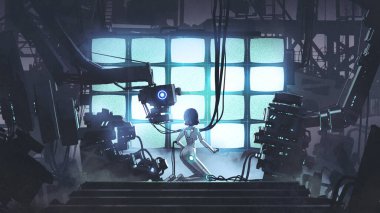 Sonuncusuna kadar gücü geri yükleyin. Fabrikada kendini tamir eden kadın robot, dijital sanat tarzı, resimli resim.