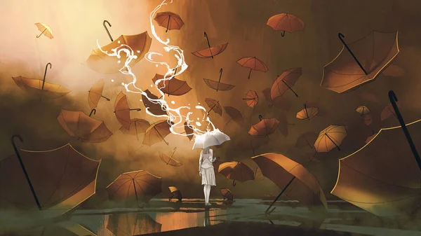 woman with white umbrella standing among many orange umbrellas, digital art style, illustration painting