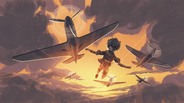 Niño Volando Cielo Con Los Aviones Estilo Arte Digital Pintura —  Fotos de Stock