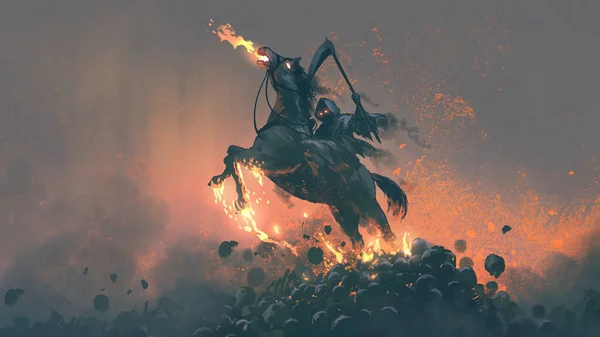 冷酷的收割者 骑着马从一堆人的骷髅上跳下 数码艺术风格 插图绘画 — 图库照片