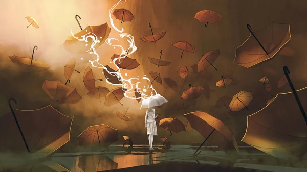 Woman with white umbrella standing among many orange umbrellas, digital art style, illustration painting — Stock Image Woman White Umbrella Standing Many Orange Umbrellas Digital Art Style Stock Picture