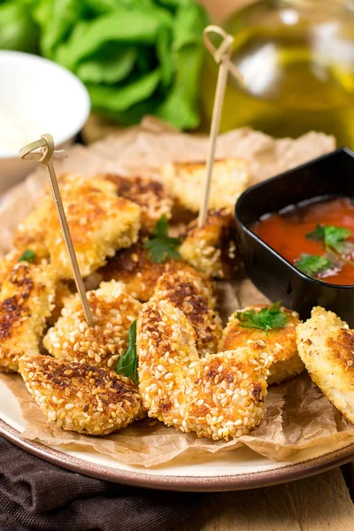 Healthy chicken nuggets with sesame seeds — Stock Photo, Image