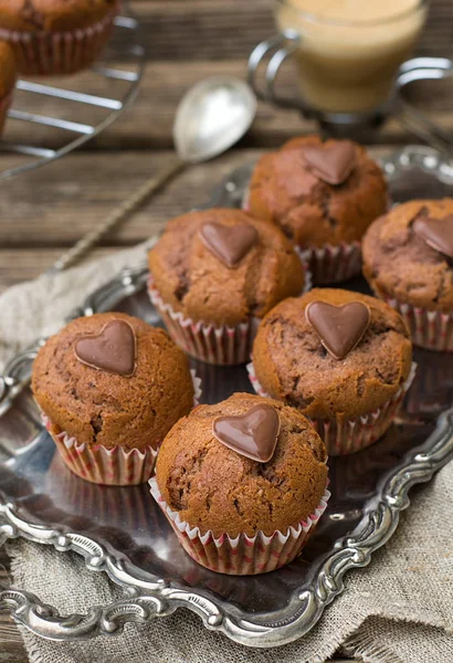 Chocolate muffins with chocolate chips and chocolate heart — Stock Photo, Image