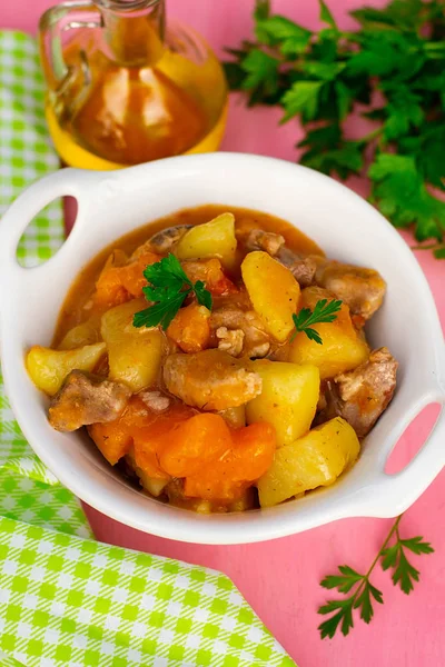 Vegetable stew with pork meat, pumpkin and potatoes — Stock Image Vegetable stew with pork meat, pumpkin and potatoes Stock Photo