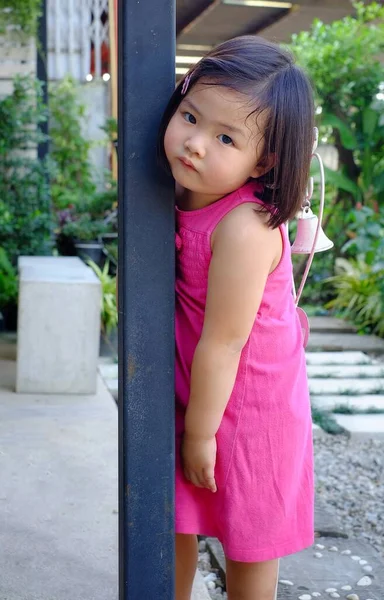 Uma Menina Asiática Bonito Vestido Rosa Está Encostado Contra Pólo — Fotografia de Stock