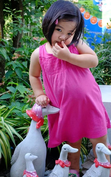 Uma Menina Asiática Bonito Vestido Rosa Jardim Com Estátuas Pato — Fotografia de Stock