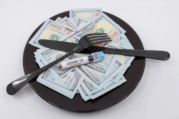 Plate Full Hundreds Dollar Bills Fork Knife Positive Covid Test — Stock Photo, Image