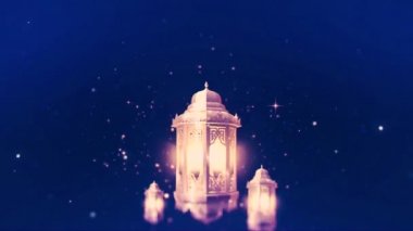 Ramazan ayındaki Fas fenerlerinin arka planında parlayan yıldızlar var. Mesaj ve logo için uzayı kopyala. Ramazan bayramı veya İslami yeni yıl için en kaliteli 3D animasyon.