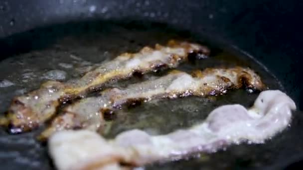 Closeup Crispy Bacon Slices Frying Pan Lot Oil Pork Bacon — Stock Video