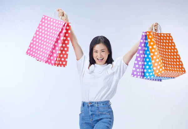 Shopping Concept Overjoyed Woman Holding Credit Card Paper Bags — Stock Photo, Image