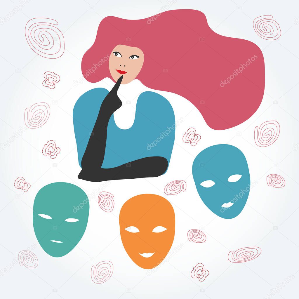 Vector illustration of a woman in thoughts and masks for the previous mood