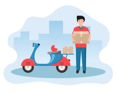  Elinde bir kutuyla motosikletin yanında duran bir erkek kuryenin vektör çizimi.