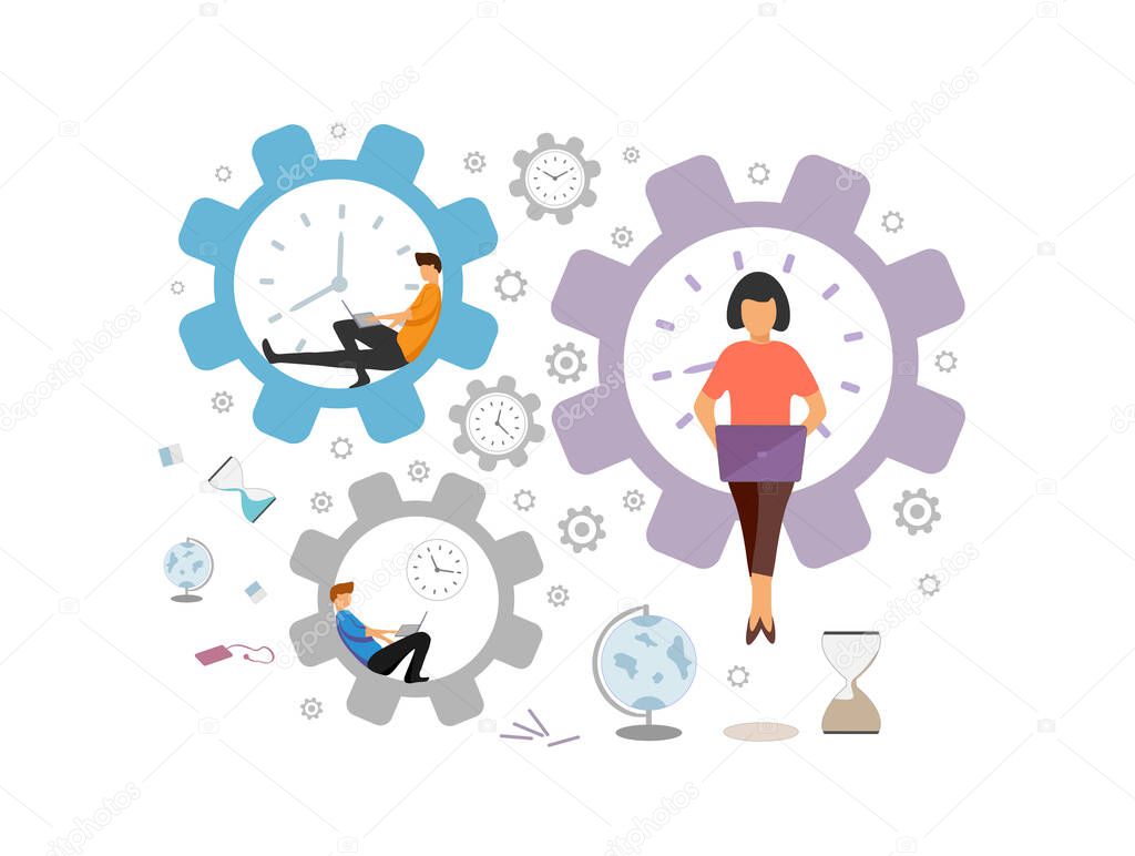  Vector illustration of a group of people working at a computer in a network, teamwork