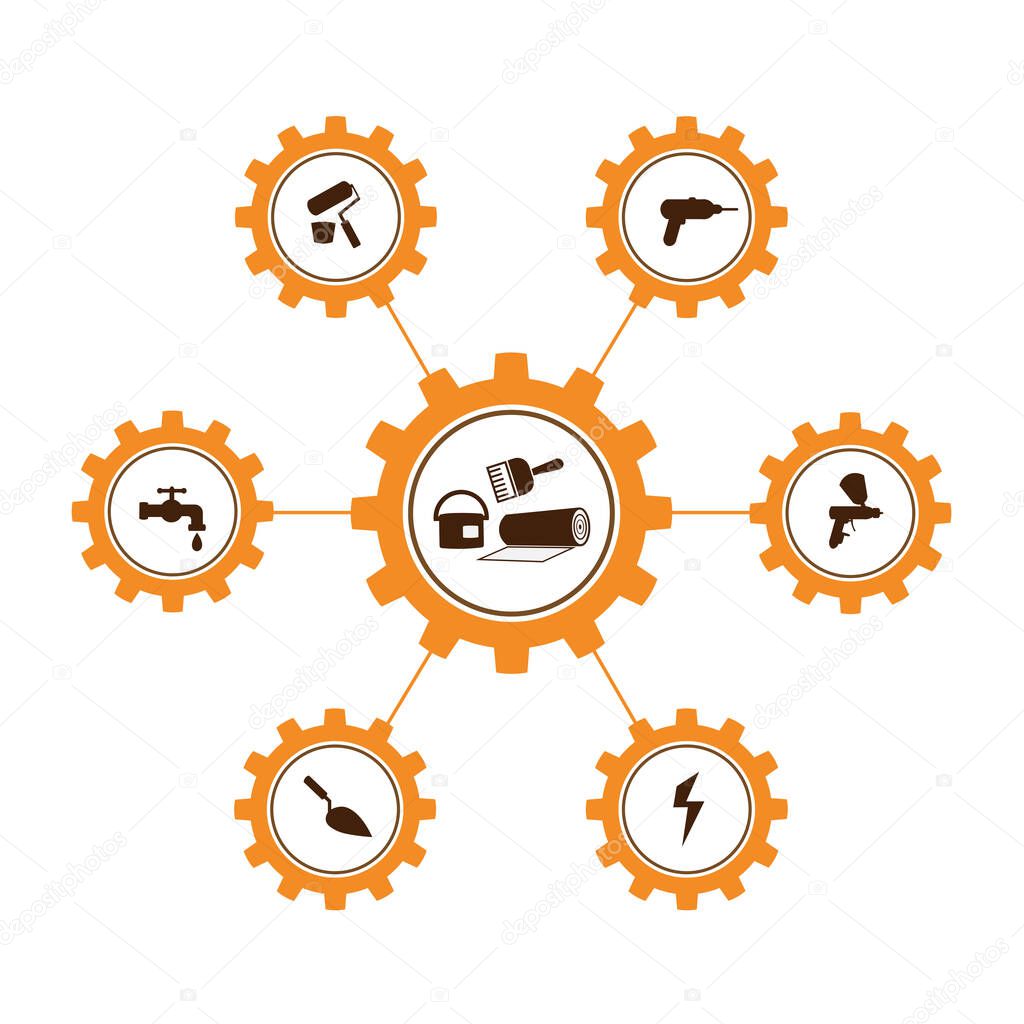A set of vector illustrations of icons for repair, installation and maintenance of apartments and residential premises, finishing, painting, plumbing and other construction works