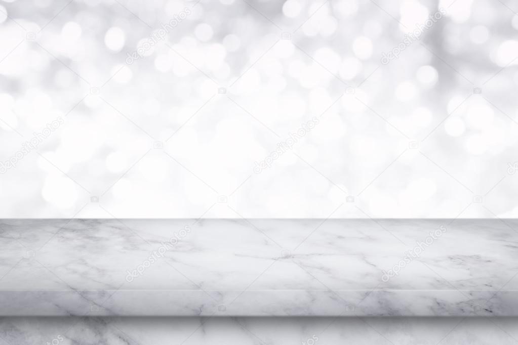 Empty white marble table on white bokeh background. — Stock Photo