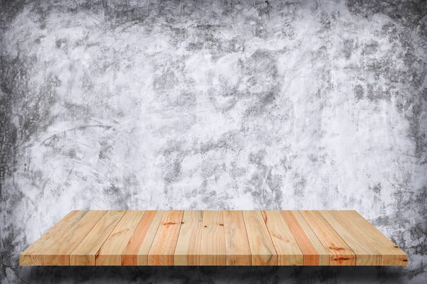 Empty wooden shelf with bare concrete background.