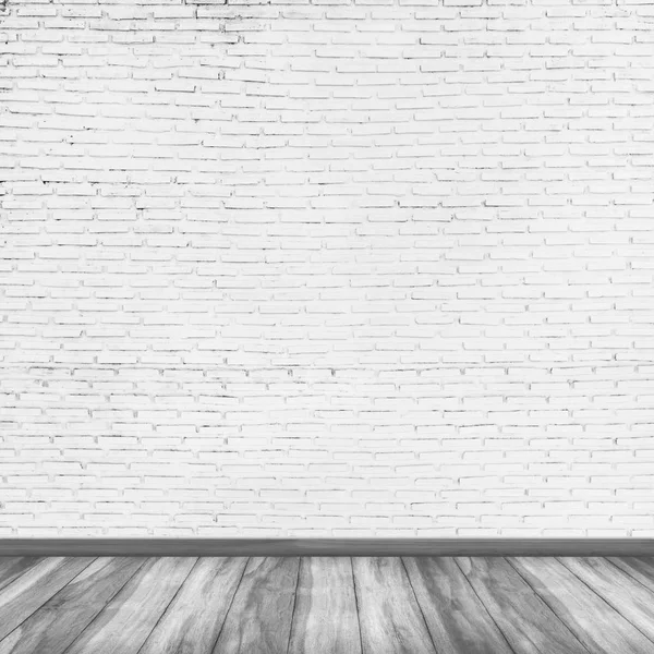 Pokój wnętrza vintage z białej cegły ściany i drewniane podłogi — Zdjęcie stockowe