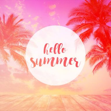 Tropik sahilde Günbatımı ile metin Merhaba yaz.