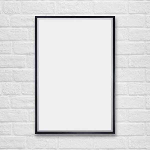 Mock up blank poster picture frame on white brick wall.