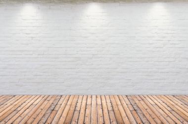 Oda iç vintage beyaz tuğla duvar ve ahşap zemin ile