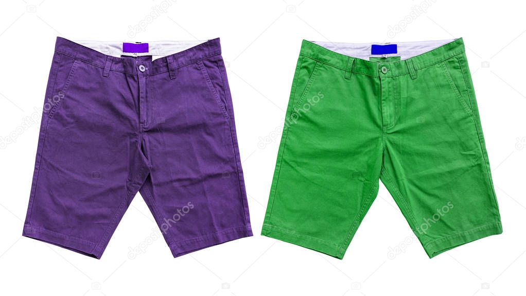 Purple and green shorts on white background