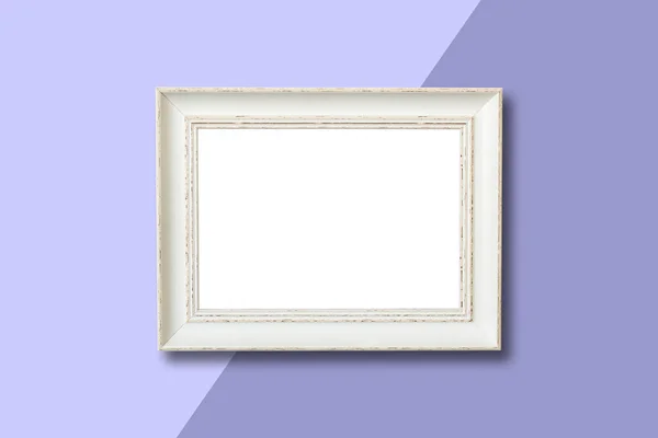 White wooden frame on purple background.