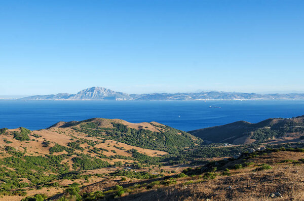 View of the Strait of Gibraltar and the mountain Jebel Moses in Morocco from the Spanish side, provence Cadiz, Andalusia, Spain
 