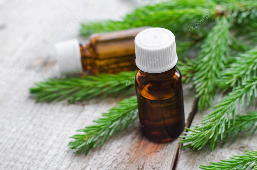 Two bottles of essential oil and fir branches. Aromatherapy and spa.
