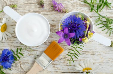 Çeşitli yabani çiçek ve bitki özleri ile yüz kremi (maske) ile iki plastik top. Doğal kozmetik maddeler. Organik cilt bakımı, ev yapımı kozmetik ve spa konsept