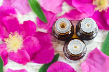 Esans ve gül yaprakları üç küçük şişe. Aromaterapi kavramı. Üstten Görünüm, kopya alanı. 