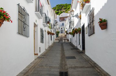 Quiet street of Mijas town in siesta time. Typical white town in Andalusia, southern Spain, provence Malaga, Costa del Sol. clipart