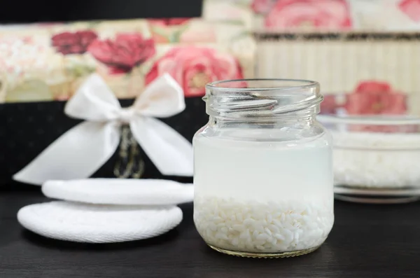 Homemade rice water - natural toner for skin and hair care. DIY cosmetics. — Stock Photo, Image