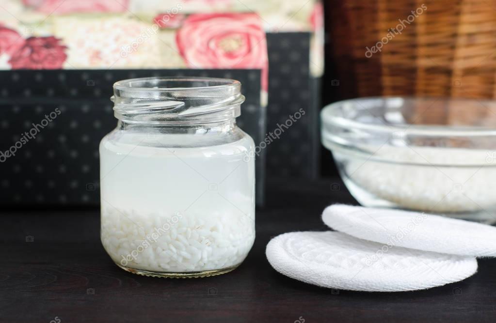 Homemade rice water - natural toner for skin and hair care. DIY cosmetics. 