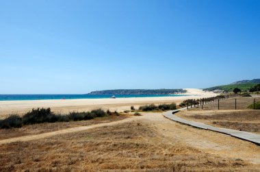 Güzel vahşi kumsal Playa de Bolonia Tarifa, Cadiz Eyaleti, Andalusia, Güney İspanya Atlantic coast üzerinde ahşap geçit.