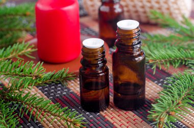 İçinde köknar yağı ve köknar ağacı dalları olan iki küçük şişe. Noel ve yeni yıl aromaterapisi. Kış kaplıcası ve bitkisel ilaç malzemeleri. Boşluğu kopyala    