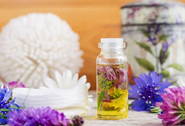 Small bottle with wild flowers infusion (extract, tincture, essential oil). Aromatherapy, spa and herbal medicine concept. Copy space. — Stock Photo, Image