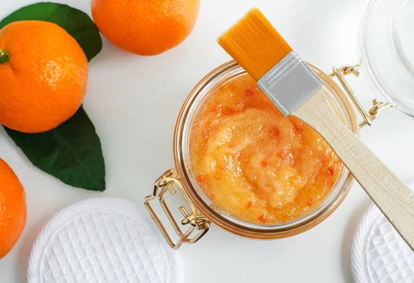 Homemade Tangerine Facial Mask Exfoliating Sugar Scrub Glass Jar Mandarin — Stock Photo, Image
