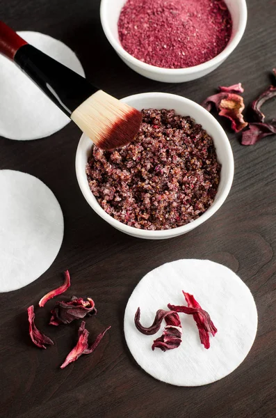 Homemade hibiscus face and body exfoliating  scrub (bath salts, foot soak). Karkade DIY beauty treatment and spa recipe. Top view, copy space — 스톡 사진