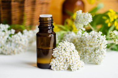 Gerekli kiriş yağıyla küçük bir şişe. Aromaterapi, bitkisel ilaçlar ve spa malzemeleri.. 