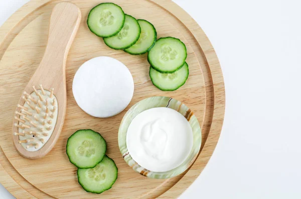 Fresh Greek Yogurt Cucumber Slices Cotton Pad Wooden Hairbrush Ingredients — Stock Photo, Image