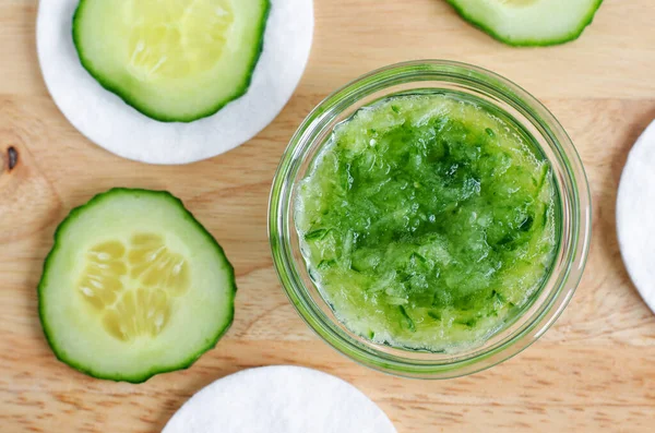 Cucumber Puree Cucumber Slices Cotton Pads Ingredients Preparing Homemade Facial — Stock Photo, Image