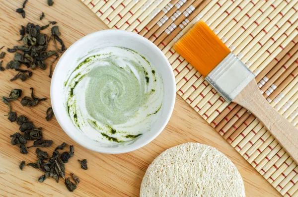 Fresh Yogurt Matcha Powder Small White Bowl Diy Natural Beauty — Stock Photo, Image